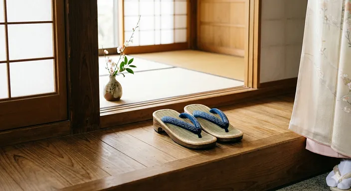 和装に合う上品な草履が、整えられた玄関先に静かに置かれている様子。