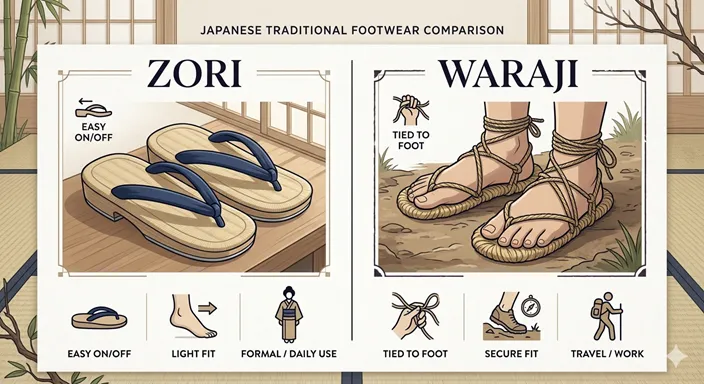 草履と草鞋の違いを、構造・usage・fitの観点で比較した英語表記のインフォグラフィック。