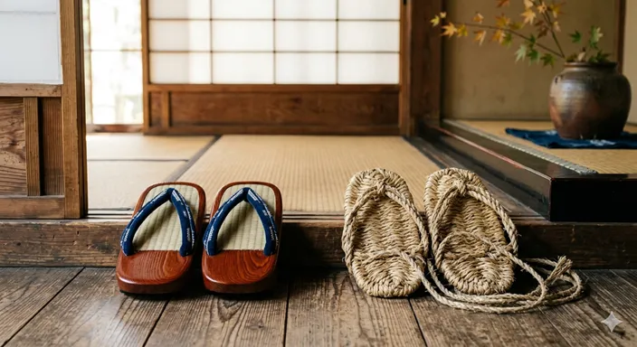 木の床の上に並べられた草履と草鞋を、やわらかな自然光の中で対比的に写したイメージ。
