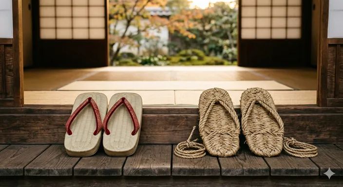 草履と草鞋が並んで置かれ、それぞれの個性の違いが穏やかに伝わるまとめのイメージ。