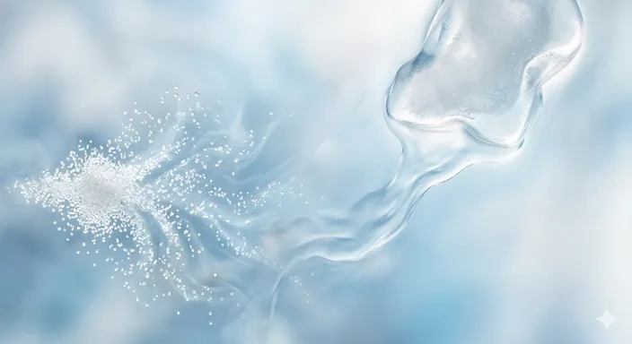 透明な水と溶ける氷が重なり合い、同じ「とける」に見えて異なる現象であることを示す抽象的なイメージ。