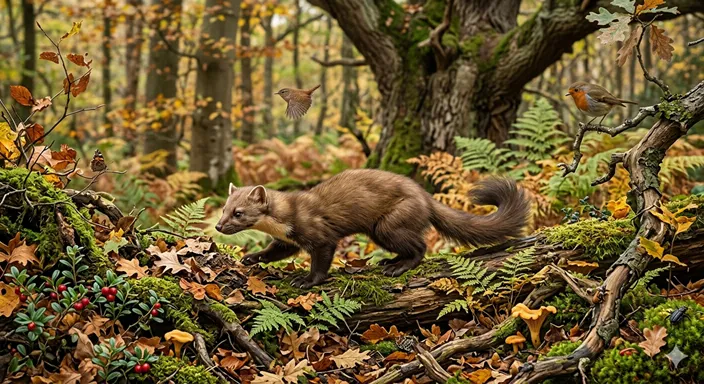 動物が森の中で周囲を感じ取りながら移動し、食べ物を探している様子を表した画像。