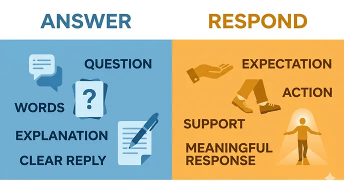ANSWERとRESPONDを、Question、Expectation、Words、Actionの観点で比較した英語のインフォグラフィック。