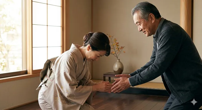 深く頭を下げる人物と、穏やかに手を差し伸べる人物が向かい合い、謝罪と感謝の調和を表している画像。