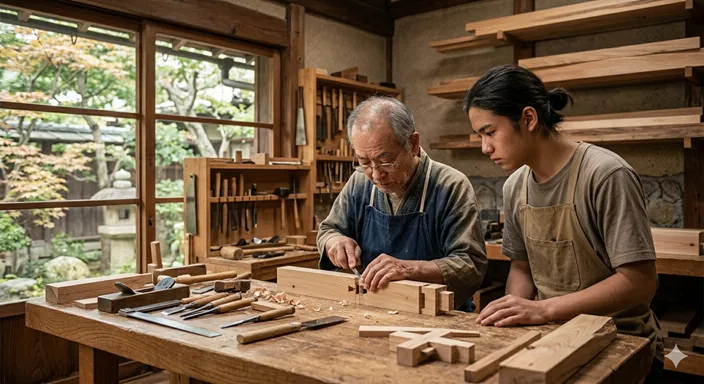 職人工房で熟練者の手元を見ながら技術を学ぶ若い見習いの姿。