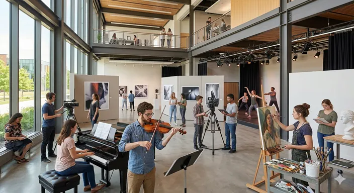 絵画、音楽、舞台、映像など異なる芸術分野の学生たちが一つの空間で創作している様子。