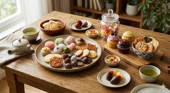 和菓子、洋菓子、せんべい、チョコレートなど多様なお菓子が美しく並んだ画像。