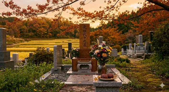紅葉と稲穂に囲まれた秋の墓前に、おはぎと秋の花が供えられている様子。