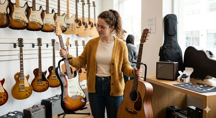 ギター選びで価格・音量・弾きやすさを慎重に見比べる初心者のイメージ。