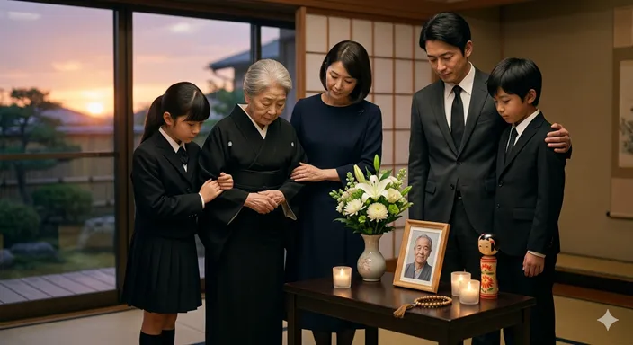 故人を偲ぶ静かな場面で、残された家族が互いに寄り添い支え合っている画像。