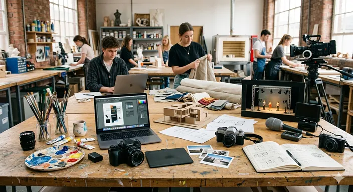 絵筆だけでなく、カメラ、建築模型、PC、舞台小道具など多様な創作道具が一つの机に並んでいる様子。