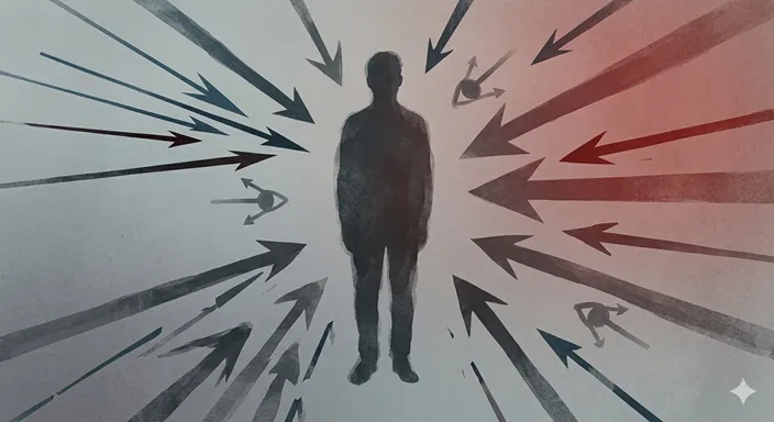 複数の視線や指摘の矢印が一人の人物に向けられ、責められる心理的圧力を表した抽象イメージ。