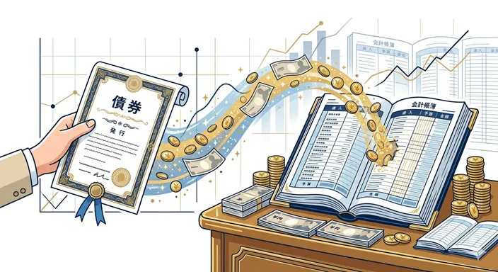 国債発行を表す証書から、国の予算書へお金が流れ込む様子を描いたイメージ。