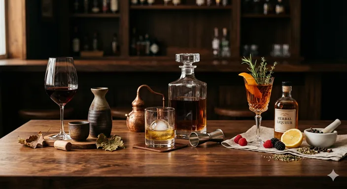 醸造酒・蒸留酒・混成酒を象徴する、ワインや日本酒のような発酵の酒、ウイスキーや焼酎のような蒸留酒、果実やハーブを使った混成酒が並ぶ上質なイメージ。