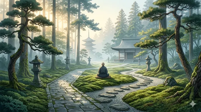 静かな寺の庭で、朝の光の中に座る人物の後ろ姿と、心の迷いがほどけていくような穏やかな空気を表した画像。