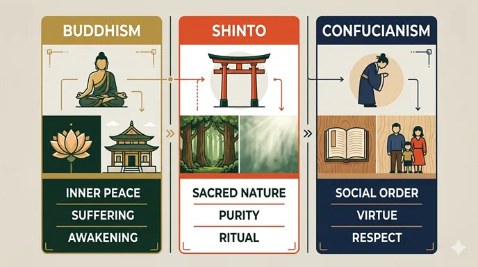BUDDHISM、SHINTO、CONFUCIANISMを、INNER PEACE、SACRED NATURE、SOCIAL ORDERの三要素で比較した英語のインフォグラフィック。