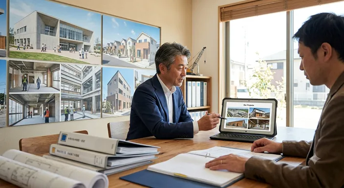 会社の看板だけではなく、背後にある施工実績や現場内容を確認する様子を表した画像。