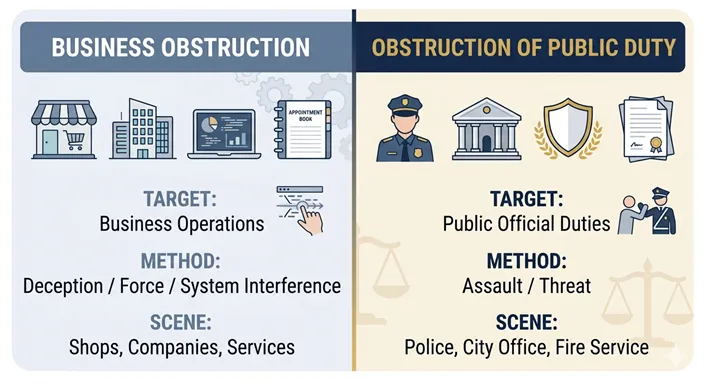 Business Obstruction と Obstruction of Public Duty を、対象・手段・場面の違いで比較した英語インフォグラフィック。