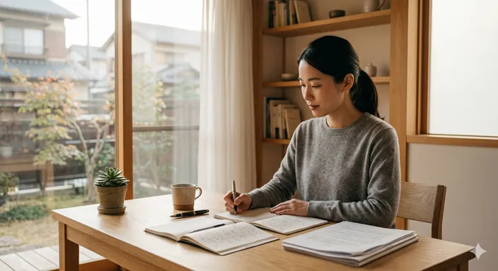 朝の柔らかな光の中で、一人の人物が感情を乱さず静かに作業を続けている様子。
