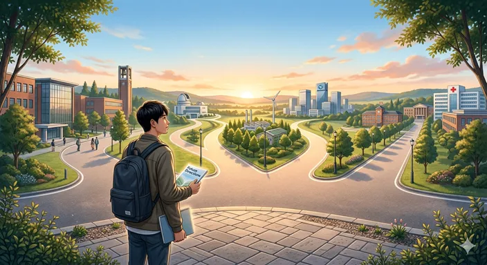 進路選択を考える学生の前に、大学の学びと将来の道筋が複数に広がっている様子を表したイメージ。