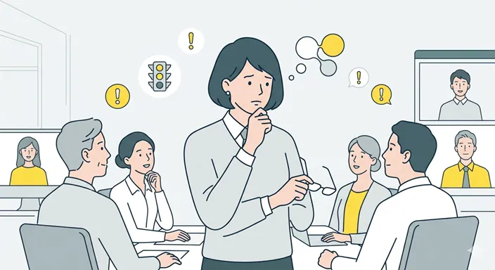 会話の途中で相手を傷つけないよう、言葉を選び直す人物と、慎重さを示す小さな警告サインのある画像。