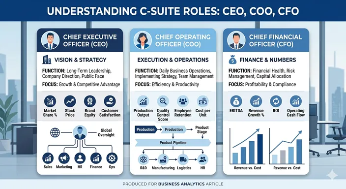 CEO、COO、CFOの役割の違いを、全体戦略、業務執行、財務管理の3軸で視覚的に比較したインフォグラフィック。