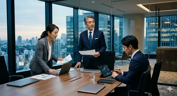 近未来的な高層オフィスを背景に、中央で全体を見渡す人物、現場を動かす人物、財務データを確認する人物が立体的に配置された、経営の三役を象徴するイメージ。