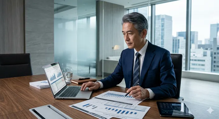 ノートパソコンや財務資料、グラフを前に、冷静に数字を分析している財務責任者の姿。