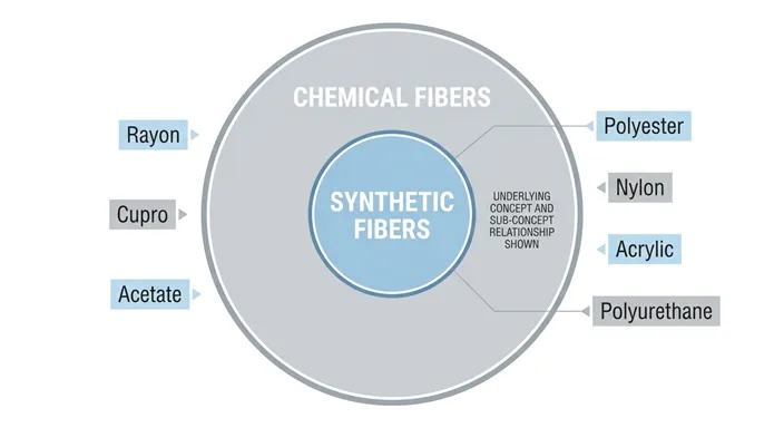 化学繊維という大きな分類の中に、合成繊維が含まれている関係を図解した比較イメージ。
