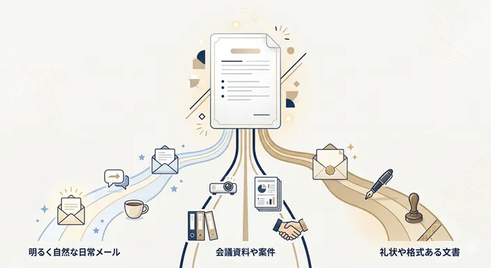 三つの過去表現を場面に応じて選び分けるように、分かれた道が一つの整った文書へつながっていく様子。