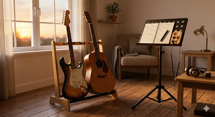 夕暮れの部屋で、エレキギターとアコースティックギターが並び、これから始まる音楽生活を象徴しているイメージ。