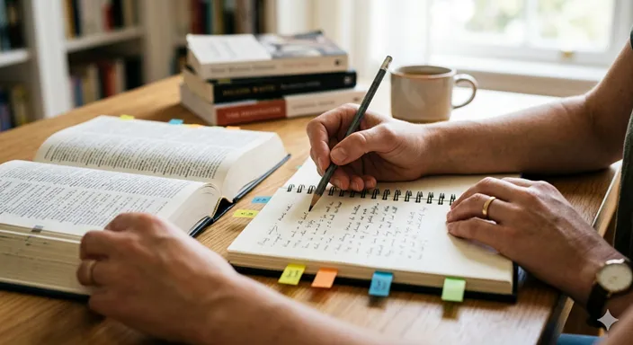 机の上で辞書とノートを開き、正しい漢字表記を慎重に選んでいる様子。