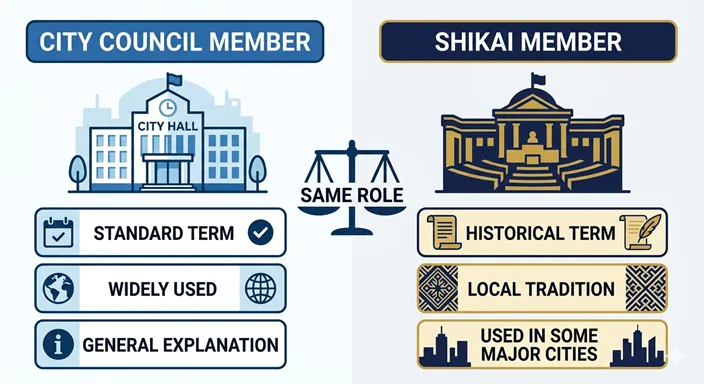 City Council MemberとShikai Memberを、standard term、historical term、common use、local traditionの軸で比較した英語のインフォグラフィック。