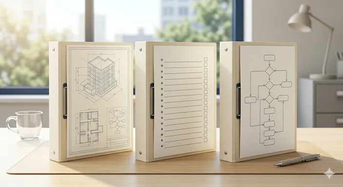 目的に応じて適切な文書を選び分けることを象徴する、整理された3冊のファイルと明るいデスク。