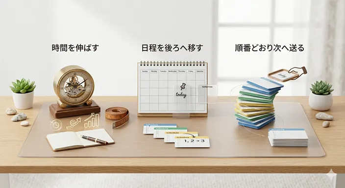 時計、カレンダー、順番どおり並ぶ予定表が整然と配置され、延長・延期・順延の違いがすっきり整理されたことを象徴するイメージ。