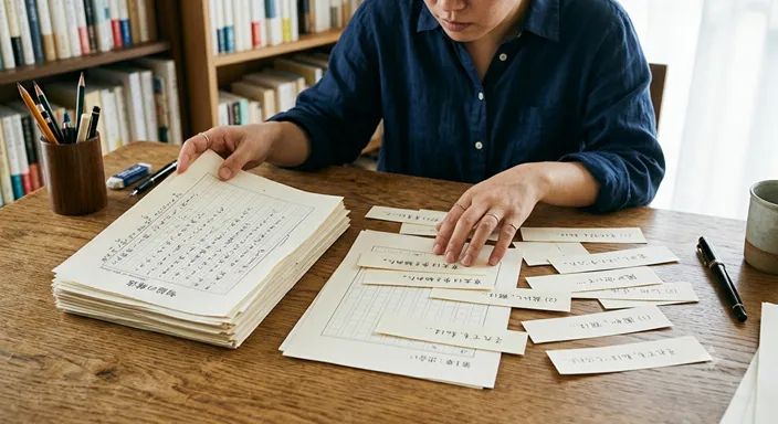 一文の修正と文章全体の構成修正が混同され、机の上で紙片と原稿が入り混じっている様子。