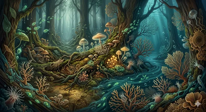 キノコ、サンゴ、ミドリムシを連想させる生物が並び、植物と動物を見た目だけで判断しにくいことを表した画像。