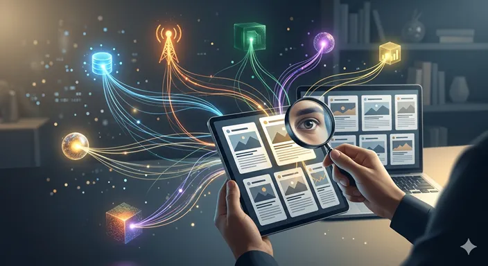 複数のニュース記事が同じように並び、読者が配信元の違いを確認している様子。