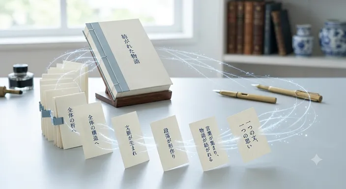 複数の小さな紙片やブロックが順序よくつながり、一本の流れとして文章全体を形作っている様子。