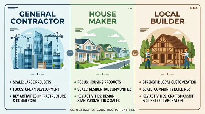 GENERAL CONTRACTOR、HOUSE MAKER、LOCAL BUILDERを規模、対象、強みの軸で比較した英語のインフォグラフィック。