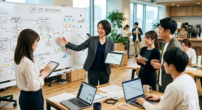 オフィスや事業現場で複数のメンバーと連携しながら、実務の進行を指揮している責任者の様子。