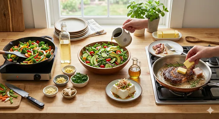 炒め物用、仕上げ用、コク出し用の油が料理ごとに使い分けられている様子を表した画像。