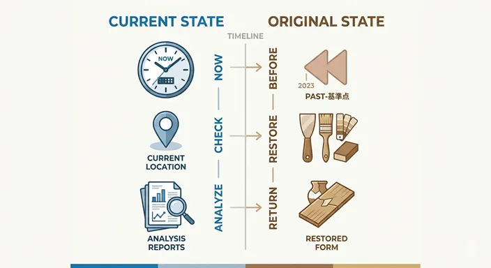 CURRENT STATEとORIGINAL STATEを、時間軸と目的の違いで比較した英語インフォグラフィック。