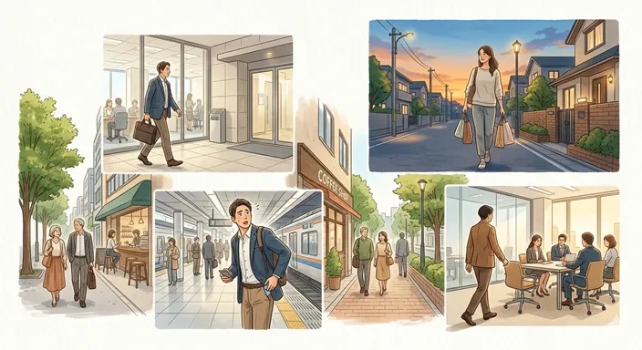 家、会社、駅、会議室など複数の日常場面を通して、「帰る」と「戻る」の使い分けを表した画像。