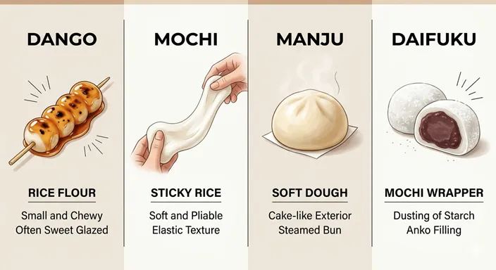 団子、餅、饅頭、大福を4分割で比較し、形・外側・中身・食感の違いが視覚的に整理された画像。