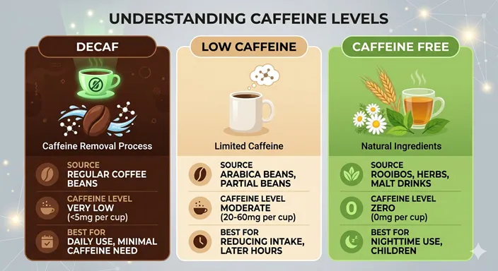 DECAF、LOW CAFFEINE、CAFFEINE FREEの違いを、原料とカフェイン量の軸で比較した英語のインフォグラフィック。
