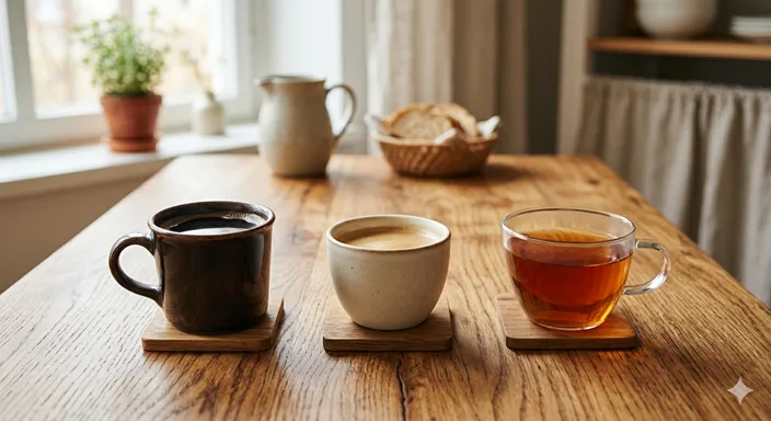 コーヒーカップ、カフェインレスコーヒー、麦茶やハーブティーを並べ、カフェイン量の違いを自然に表現した飲み物の比較イメージ。