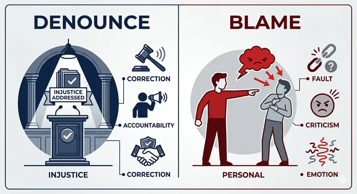 糾弾(DENOUNCE)と非難(BLAME)を、対象・場面・目的・強さの軸で比較した英語のインフォグラフィック。