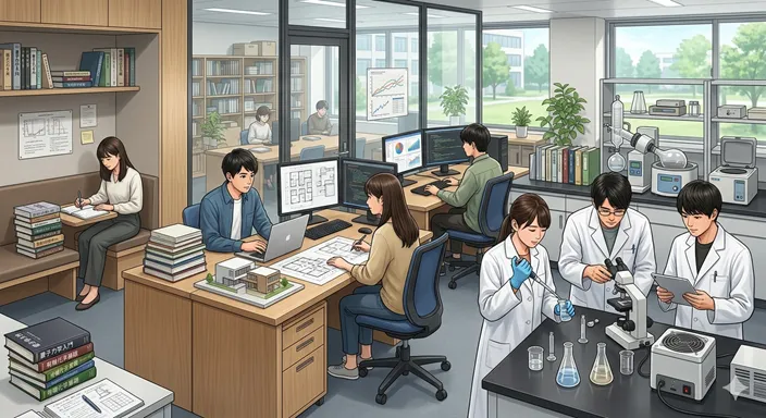 大学の中で、学生が専門ごとに分かれて具体的な学びに取り組んでいる様子を表したイメージ。
