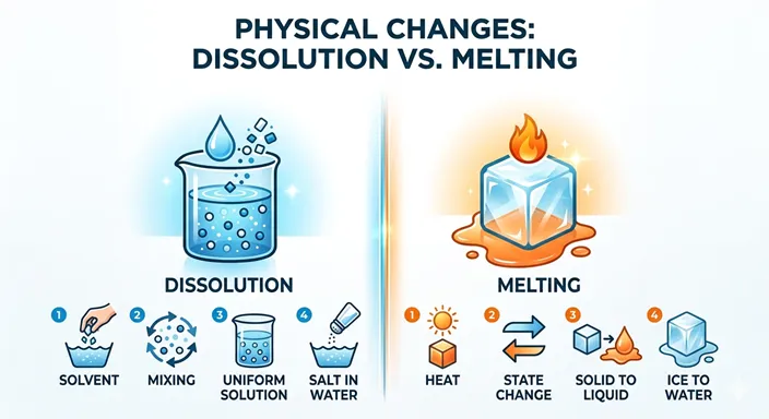 DISSOLUTIONとMELTINGを、solvent・heat・state change・examplesの観点で比較した英語のインフォグラフィック。
